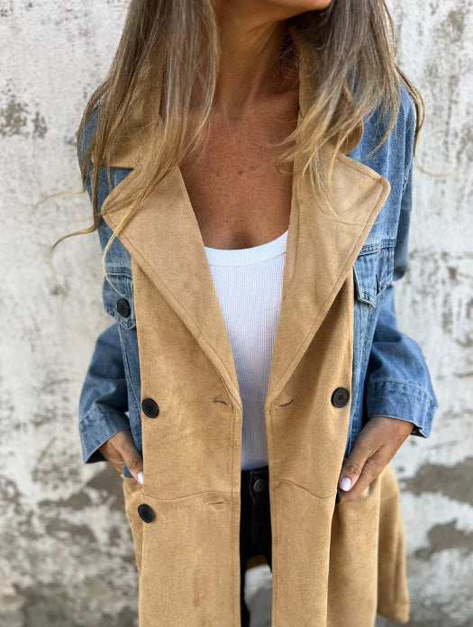 Women's Oversize Jeans Blazer with Contrasting Suede Insert and Double Button Placket Mune Fashion