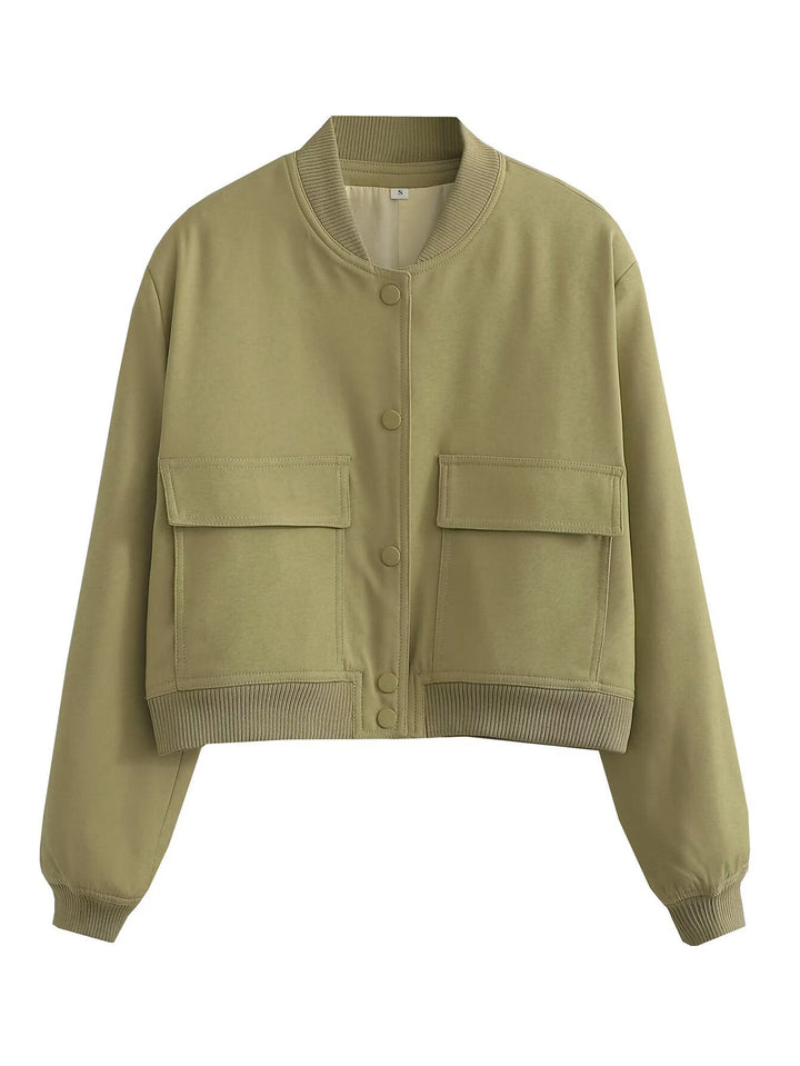Women’s short cut bomber jacket in boxy fit with large flap pockets and ribbed hem Mune Fashion