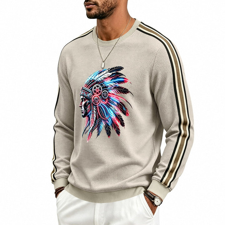 Men's sweatshirt with feather headpiece print, waffle structure and contrasting shoulder stripes Mune Fashion