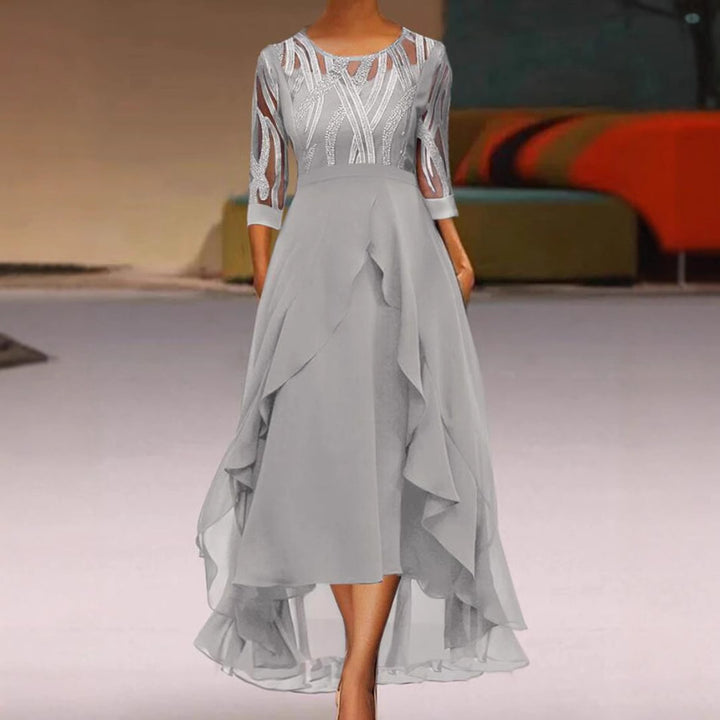 Women's elegant chiffon evening dress with embroidered tulle bodice, three-quarter sleeves, and asymmetric tiered hem Mune Fashion