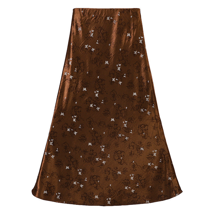Women's A-line midi skirt in jacquard satin with floral and butterfly reliefs Mune Fashion