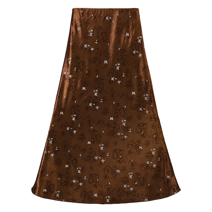 Women's A-line midi skirt in jacquard satin with floral and butterfly reliefs Mune Fashion