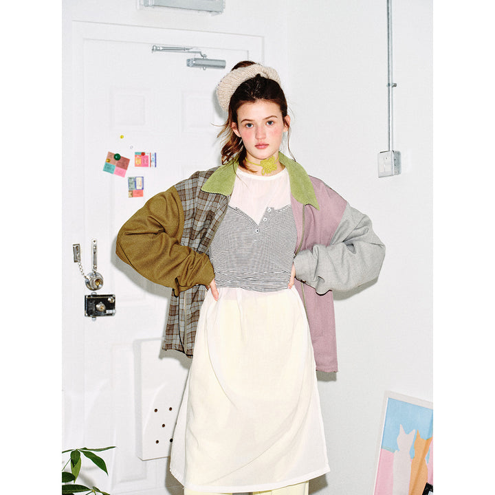 Women's Patchwork Blouson Jacket in Boxy Cut with Cord Collar Mune Fashion