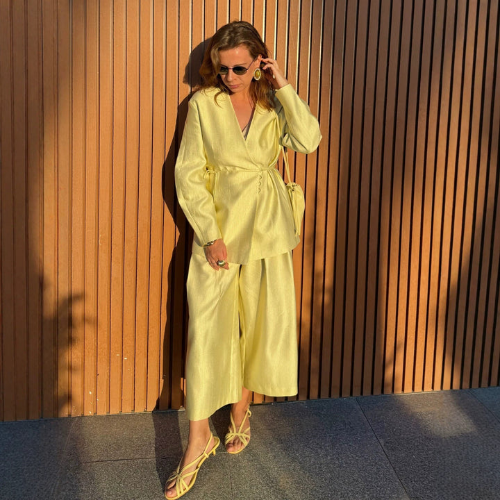 Women Two-Piece Wrap Blazer Set with Tie Belt and High-Cut Wide Pleated Pants Mune Fashion