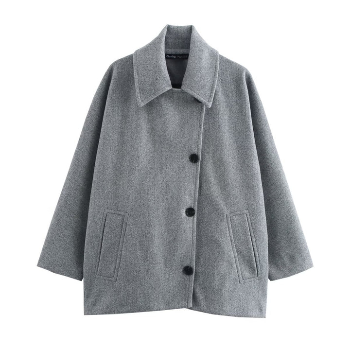 Women's short A-line wool blend coat with oversized lapel collar and side pockets Mune Fashion