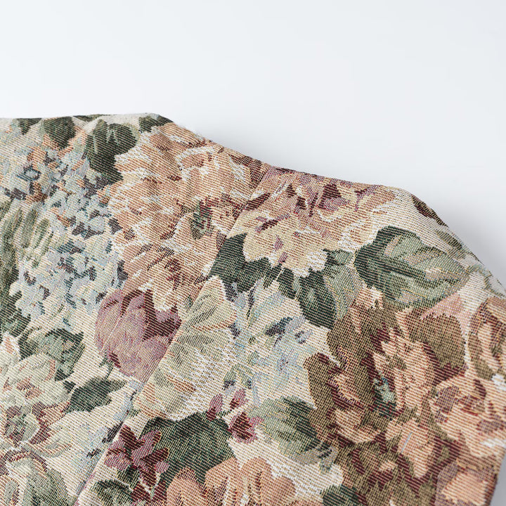 Women's elegant brocade waistcoat with floral jacquard texture, decorative buttons, and lace trim Mune Fashion
