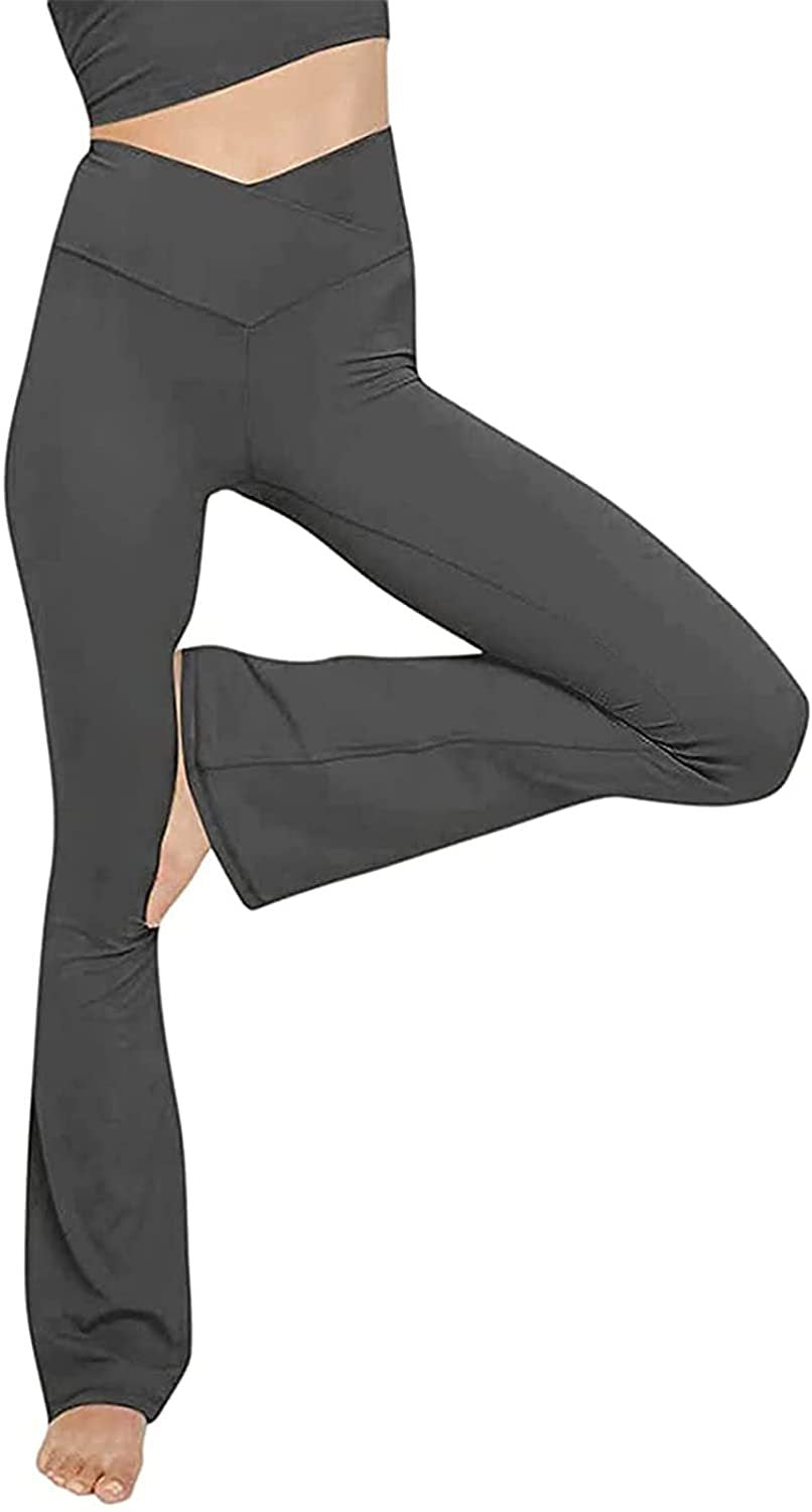 Women's mid-rise yoga pants with crossover waistband and flared hem with slit Mune Fashion
