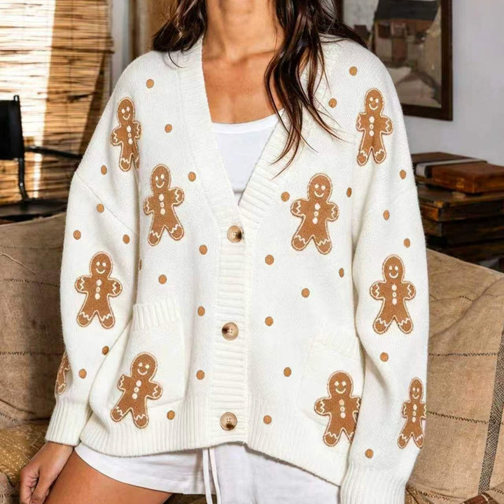 Women nan oversized knitted cardigan with gingerbread embroidery and deep V-neck Mune Fashion