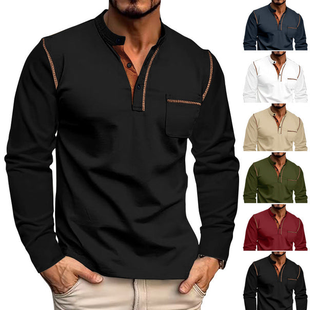 Men's Long Sleeve Shirt with Casual Stand-Up Collar and Contrasting Accents Mune