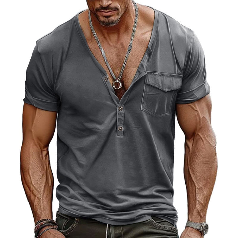 Men's nano athletic short sleeve shirt with deep V-neck, button placket and chest pocket Mune Fashion