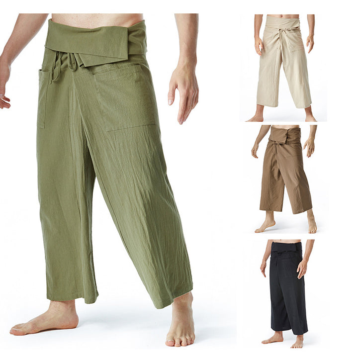 Men's loosely fitted linen harem pants with high foldover waistband and patch pockets Mune Fashion