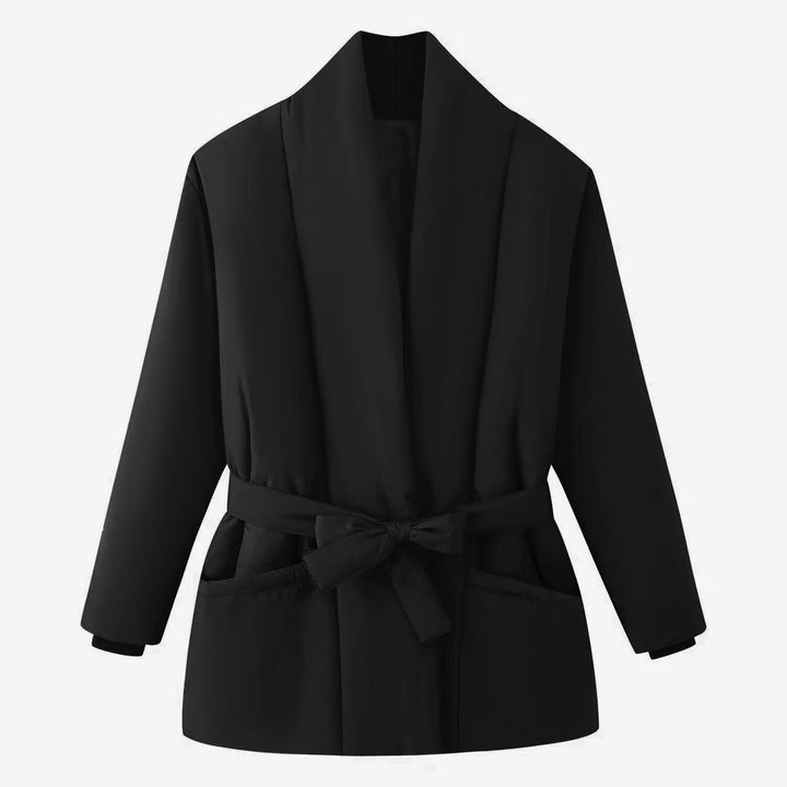 Women's Short Quilted Padded Jacket with Shawl Collar and Waist Belt Mune Fashion