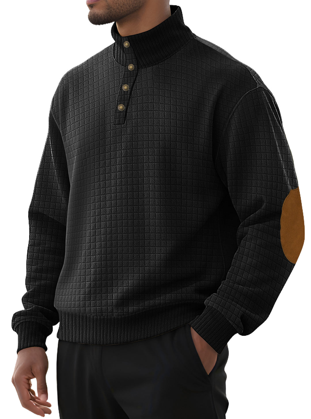Men's plaid quilted sweatshirt with Henley placket, high stand-up collar, and velour elbow patches Mune Fashion