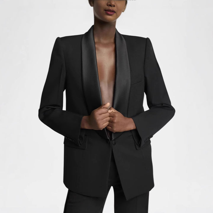Women's Elegant Tuxedo Set with Satin Shawl Collar and Wide Palazzo Pants Cut Mune Fashion