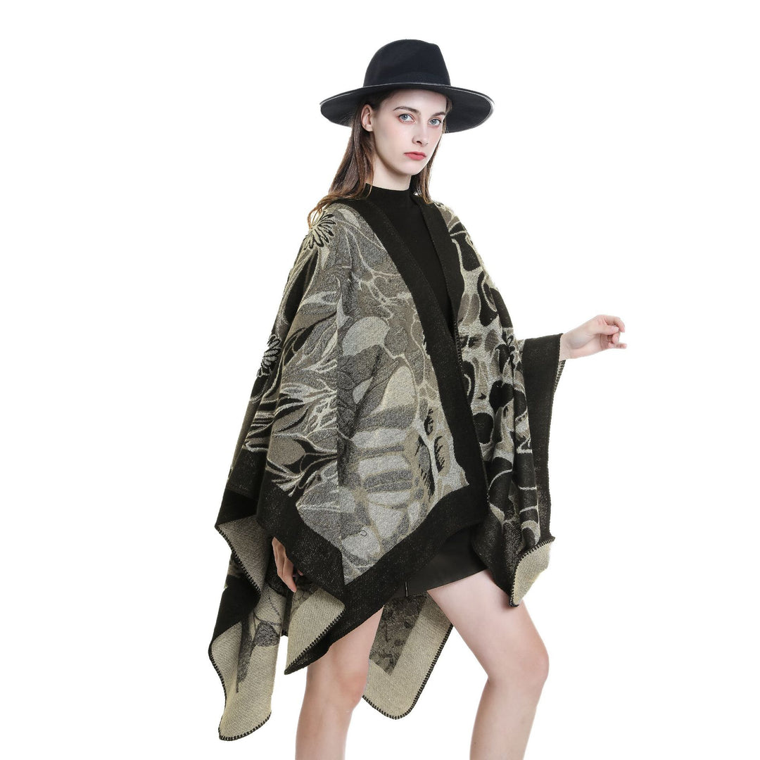 Women's Wool Blend Jacquard Cape with Open Kimono Silhouette
