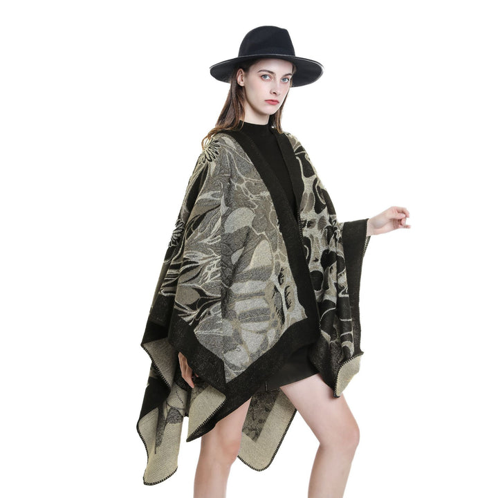 Women's Wool Blend Jacquard Cape with Open Kimono Silhouette