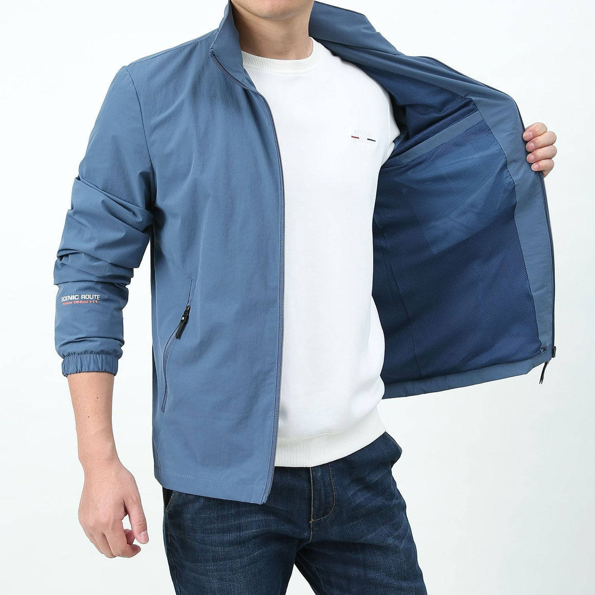 Men's lightweight zip transition jacket with high stand-up collar and zippered pockets Mune Fashion