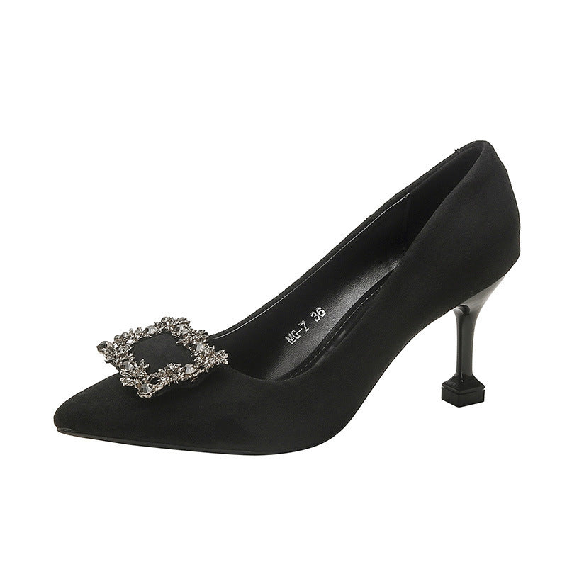 Ladies pointed toe satin pumps with square rhinestone ornament and sculptural kitten heel Mune Fashion