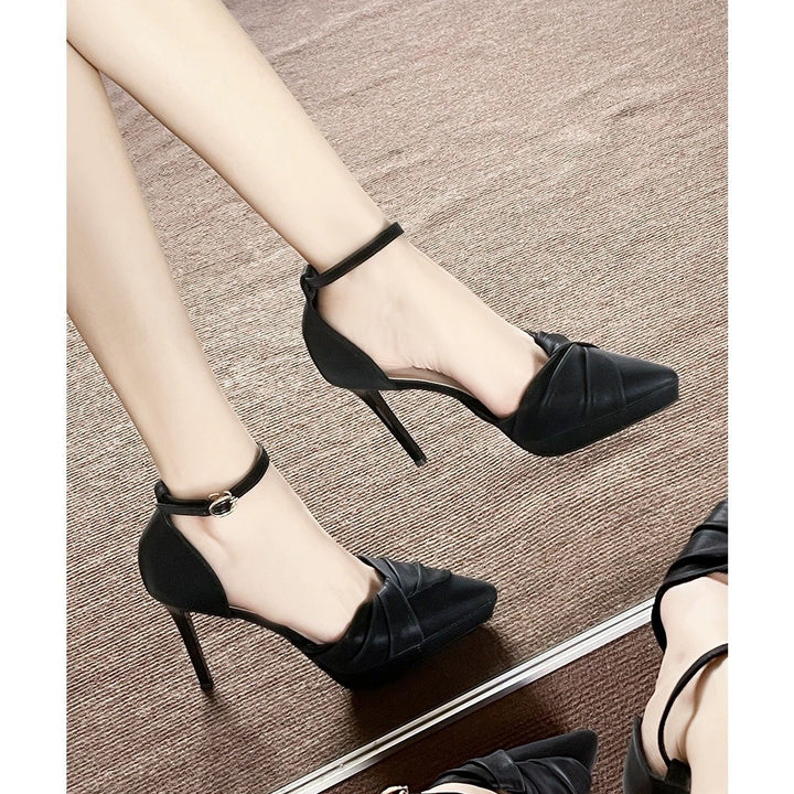 Women’s stiletto pumps with platform, ankle strap and gathered toe area Mune Fashion