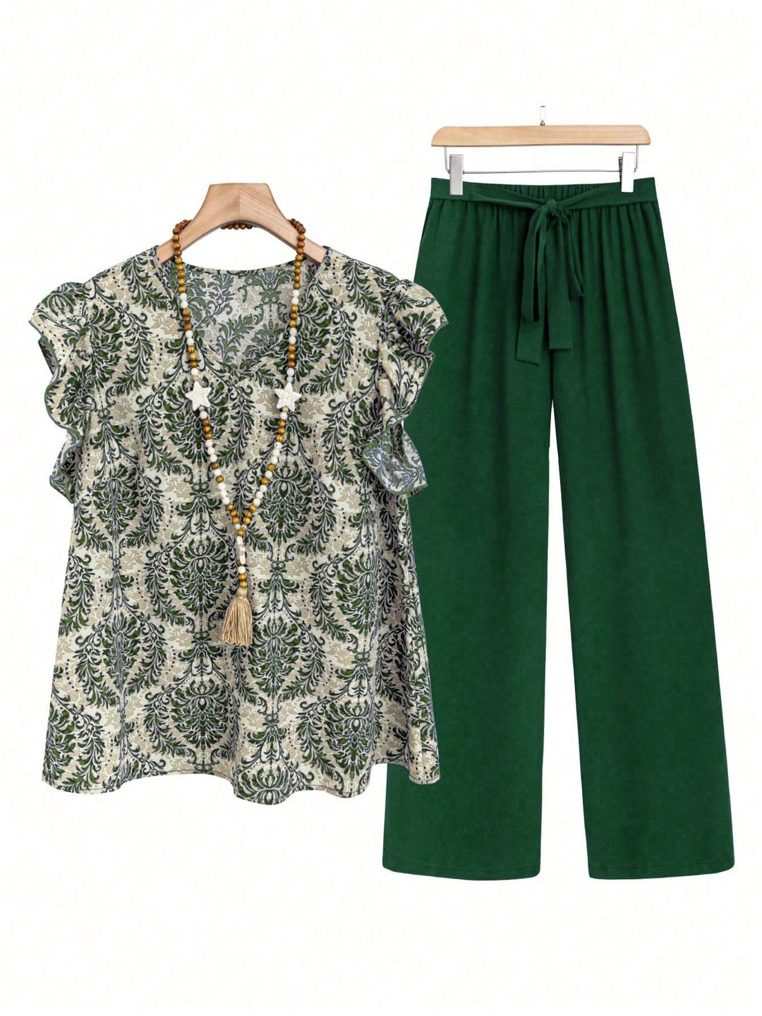 Women's two-piece ensemble with ruffled print blouse and wide waist trousers model Mune Fashion