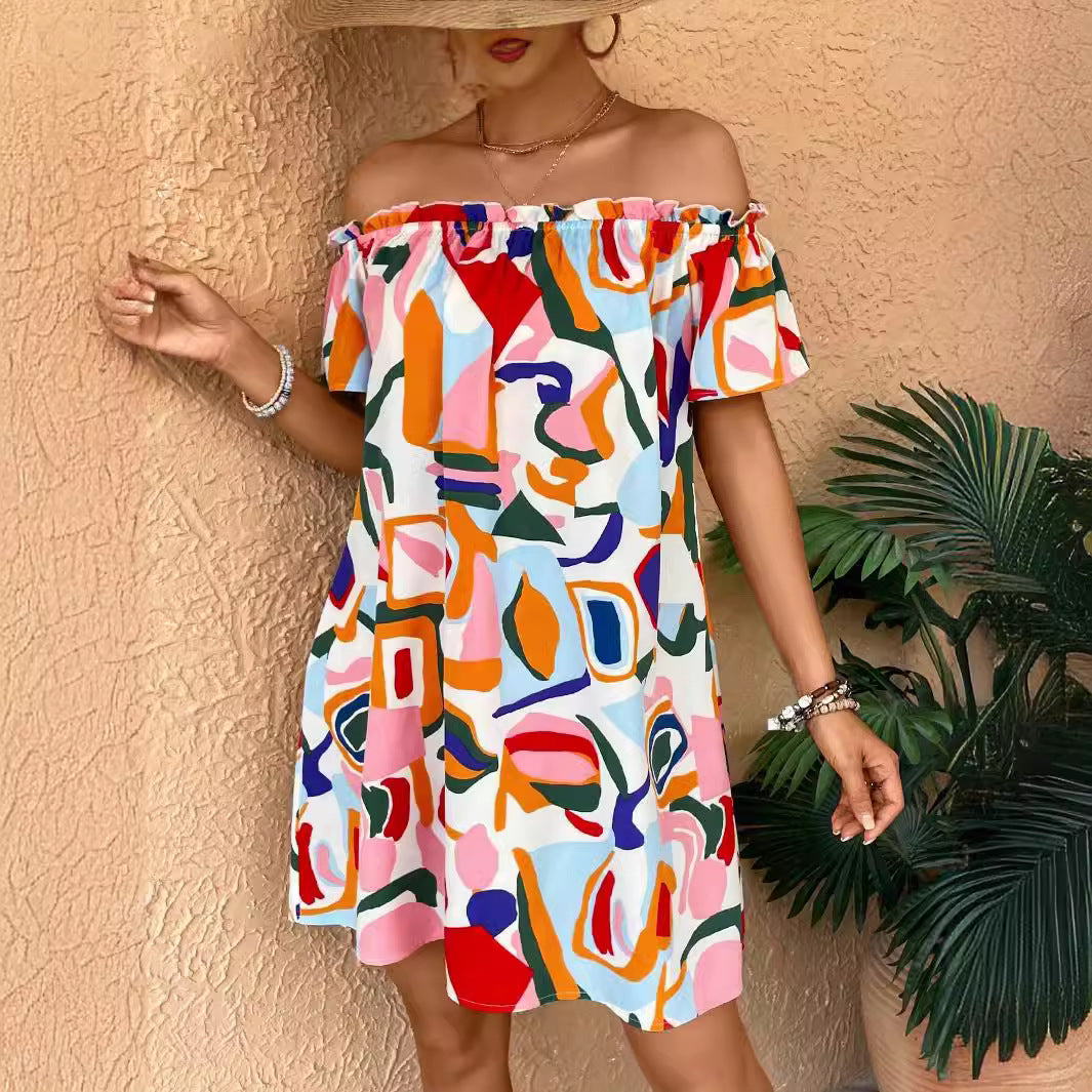 Women off-the-shoulder A-line mini dress with elastic smocked neckline and ruffled sleeves Mune Fashion