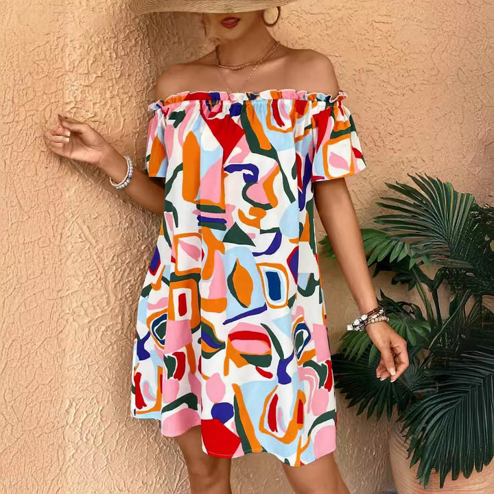 Women off-the-shoulder A-line mini dress with elastic smocked neckline and ruffled sleeves Mune Fashion