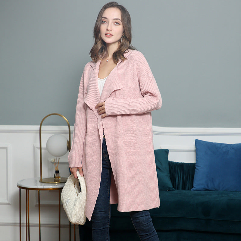 Women's longer open ribbed knit cardigan with wide shawl collar Mune Fashion