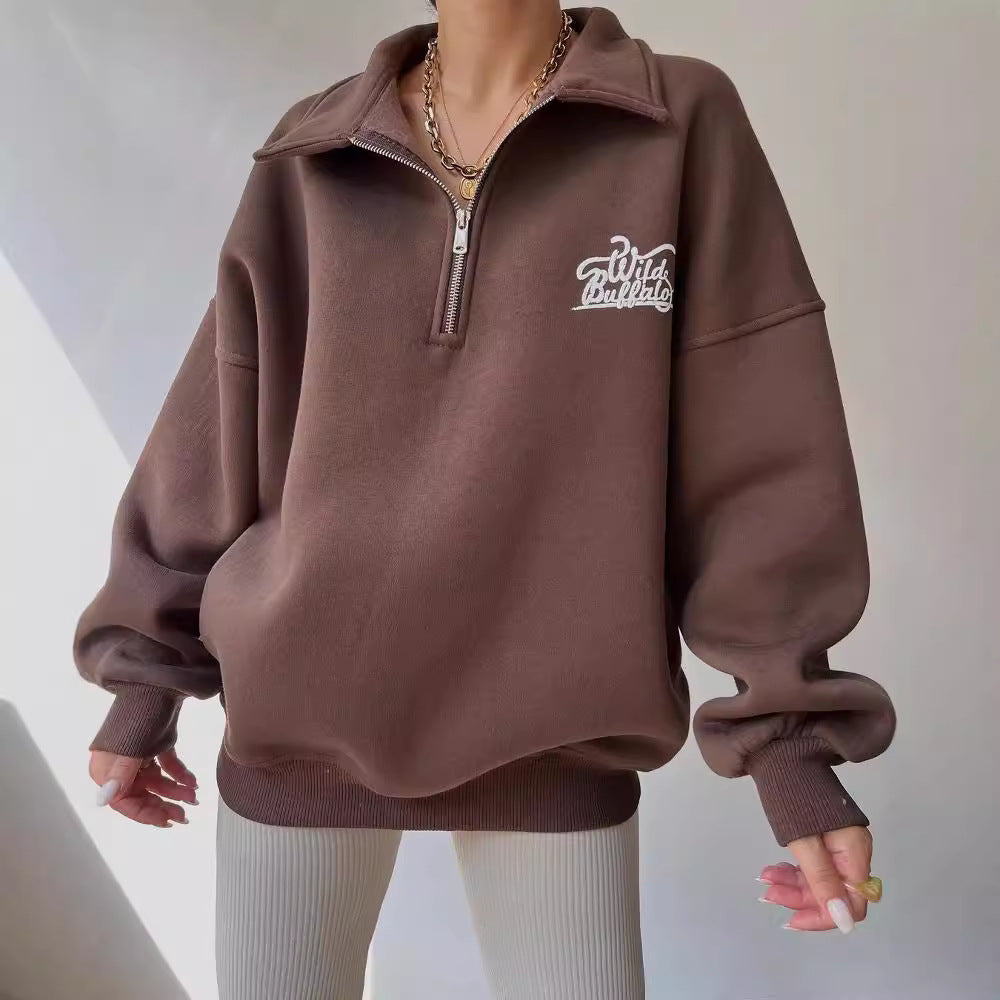 Women's Oversized Halfzip Sweatshirt with Stand Collar and Embroidered Logo Mune Fashion