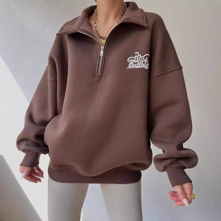 Women's Oversized Halfzip Sweatshirt with Stand Collar and Embroidered Logo Mune Fashion