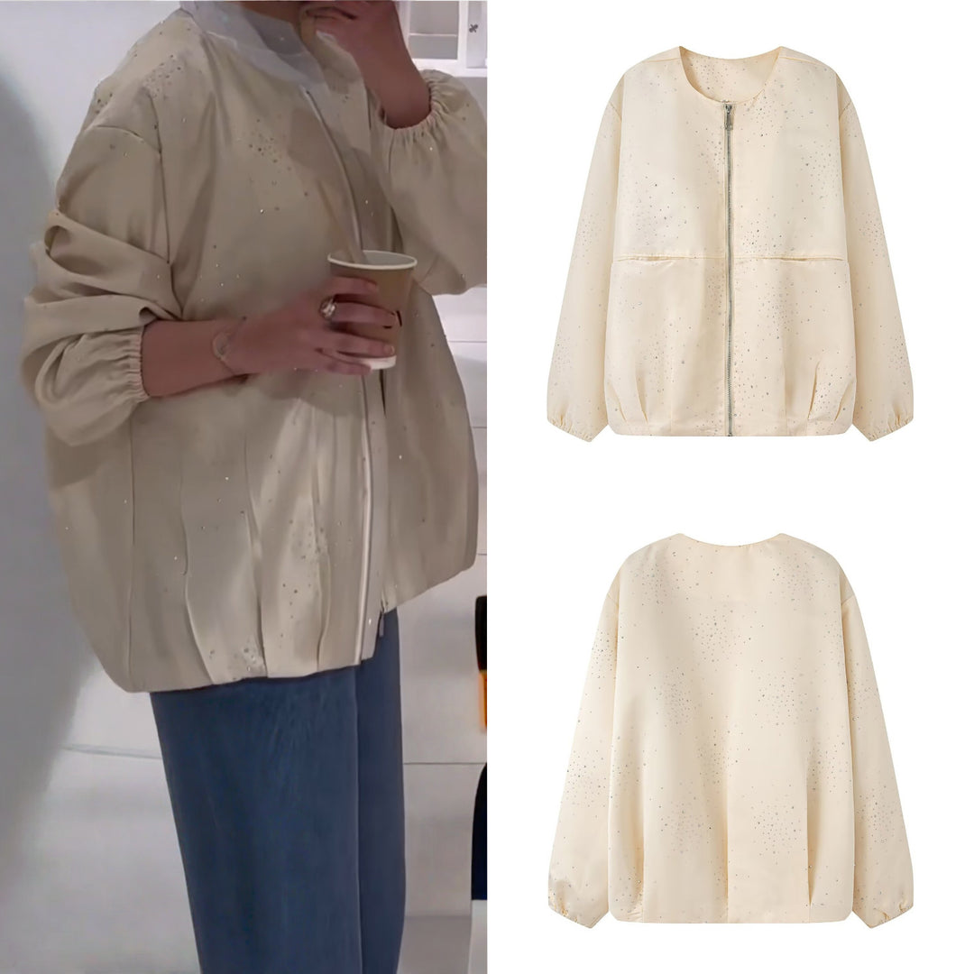 Women's Shiny Bomber Jacket with Decorative Stone Trim and Elastic Hem Mune Fashion