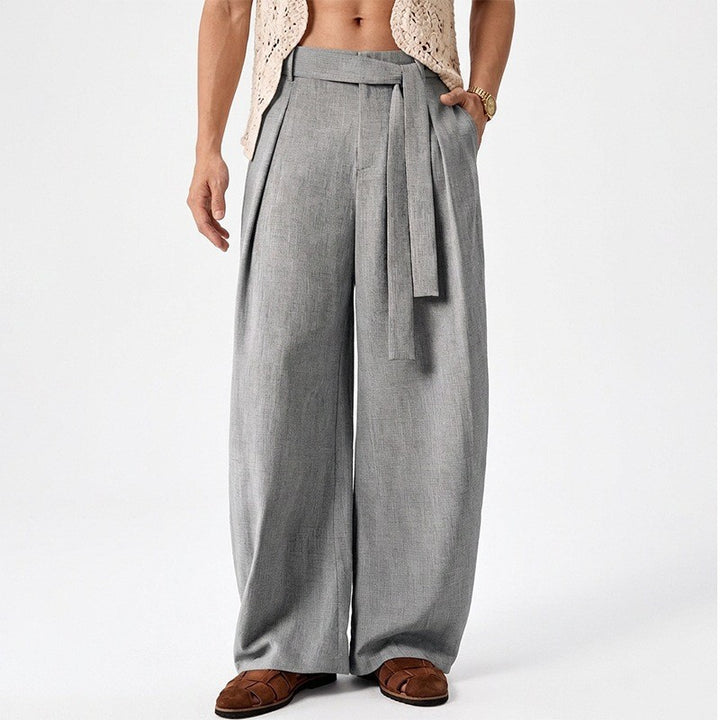 Men's loosely cut linen trousers with high waist and tie belt Mune Fashion