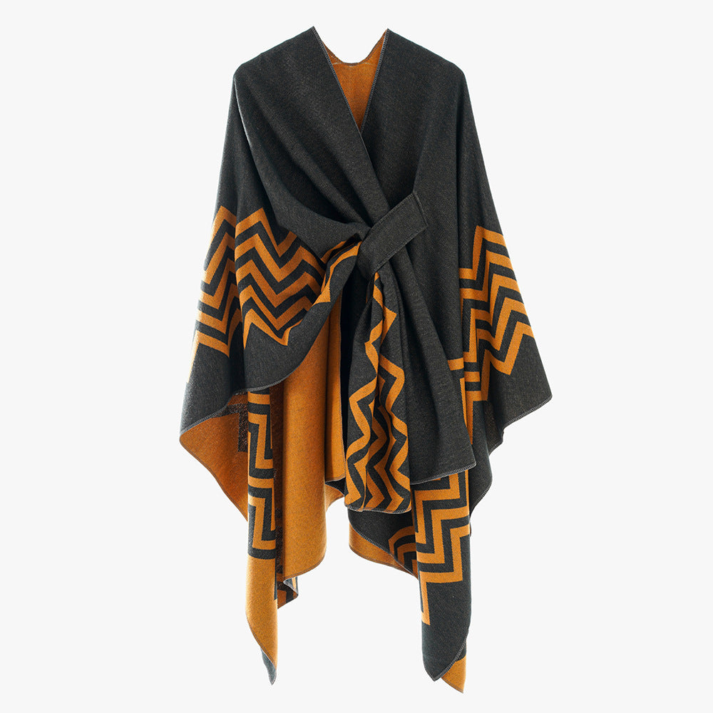 Women's Oversize Rectangle Cape with Jacquard Zigzag Pattern and Ties Belt Mune Fashion