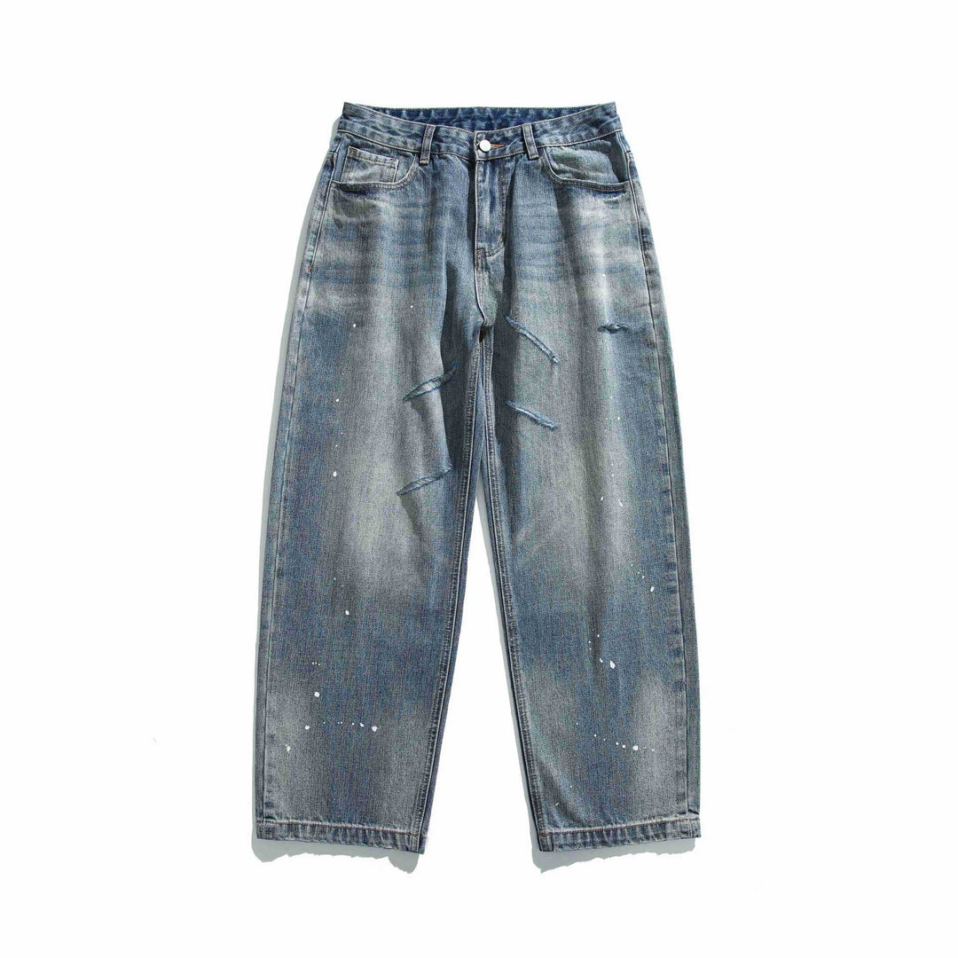 Women's High-Waisted Loose Jeans with Used Effect and Color Splatter Mune Fashion