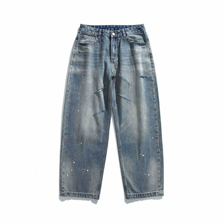 Women's High-Waisted Loose Jeans with Used Effect and Color Splatter Mune Fashion