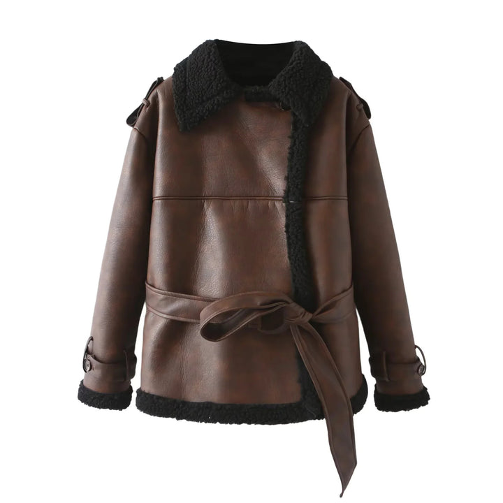 Women's tailored lambskin imitation bomber jacket with tie belt, teddy collar and adjustable cuffs Mune Fashion
