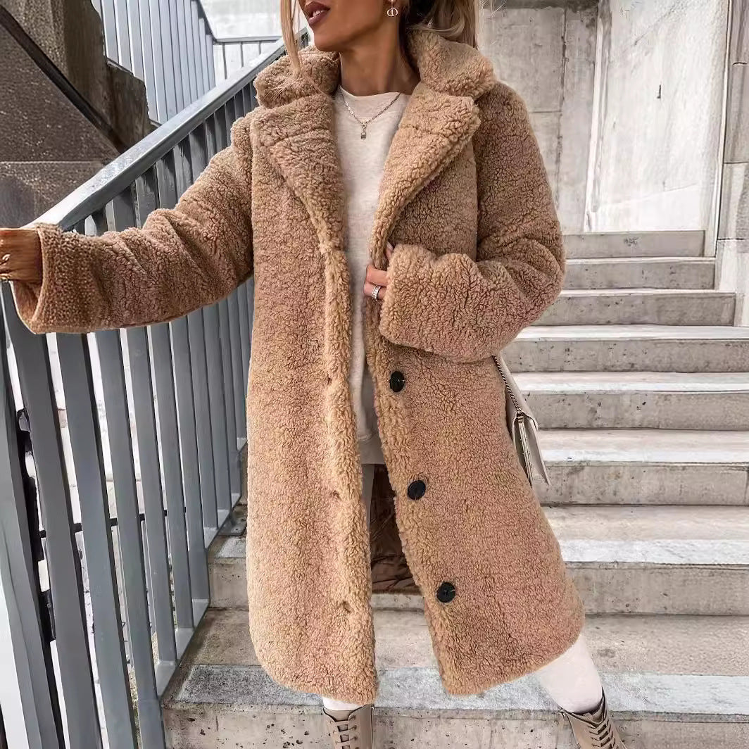 Women's longer cozy teddy coat with button closure and hood Mune Fashion