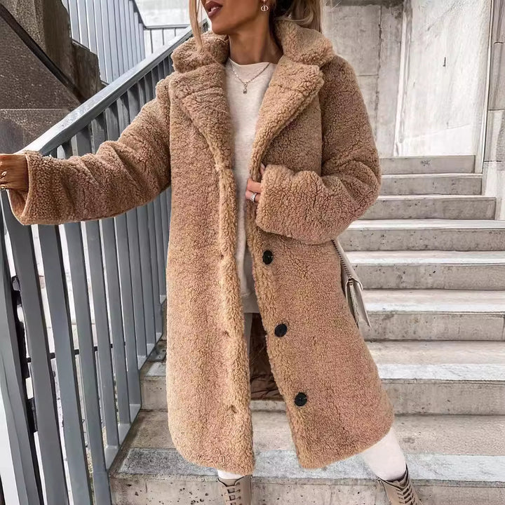 Women's longer cozy teddy coat with button closure and hood Mune Fashion