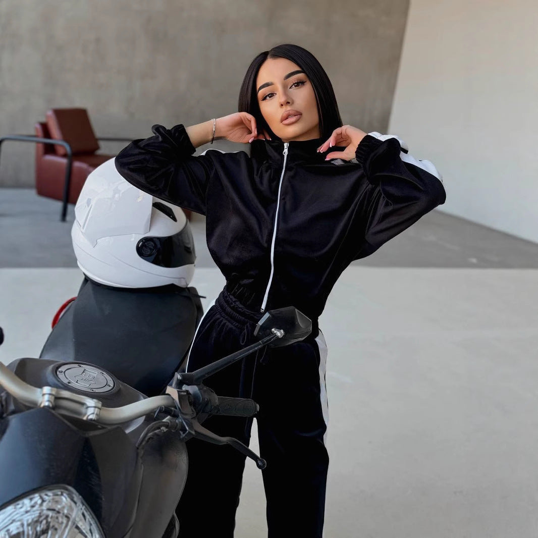 Women soft velvet tracksuit set with zip jacket and elastic drawstring pants Mune Fashion
