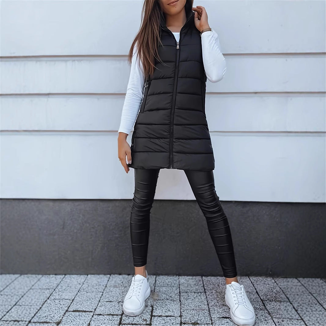 Ladies nan long quilted hooded vest with two-way zipper and side pockets Mune Fashion