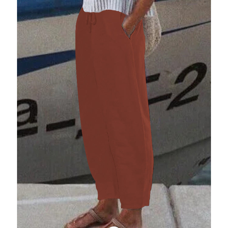 Women's Ankle Harem Pants with drawstring, side pockets, and elastic ankle cuff Mune Fashion