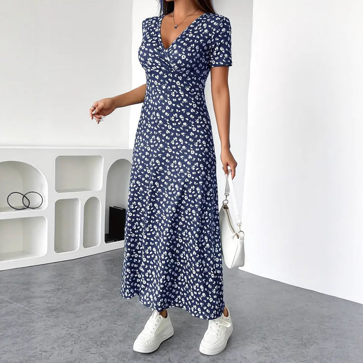 Women nan tailored V-neck wrap maxi dress made of viscose jersey with short sleeves and A-line hem Mune Fashion