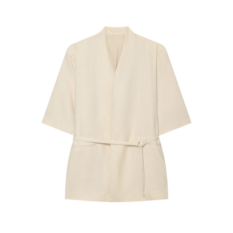Women's Kimono Top with V-Neck, tailored tie belt and half-length sleeves Mune Fashion