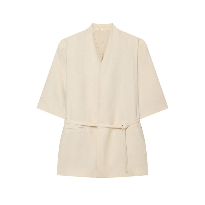 Women's Kimono Top with V-Neck, tailored tie belt and half-length sleeves Mune Fashion