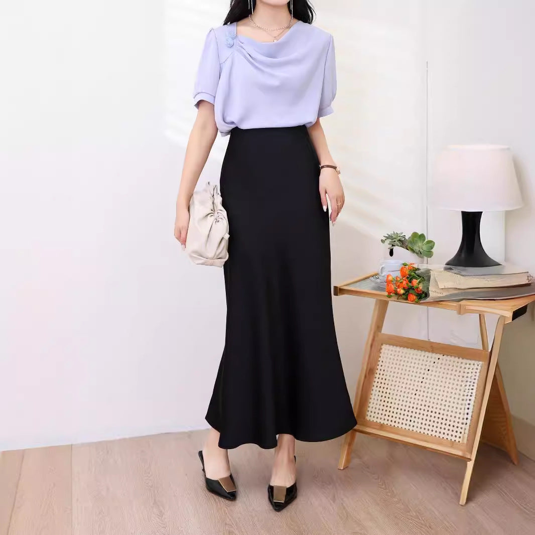 Women's nan bias-cut maxi skirt with high, seamless waistband and flowing satin look Mune Fashion