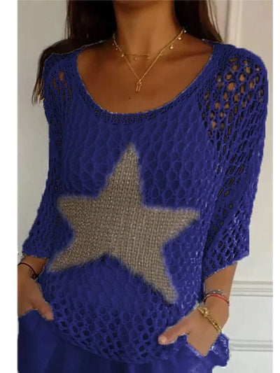 Women's oversized crocheted pullover with star appliqué and 3/4 sleeves Mune Fashion
