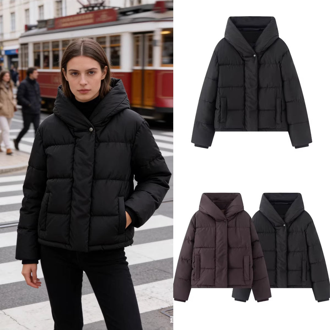 Women's short quilted puffer jacket with high stand-up collar and concealed button placket Mune Fashion
