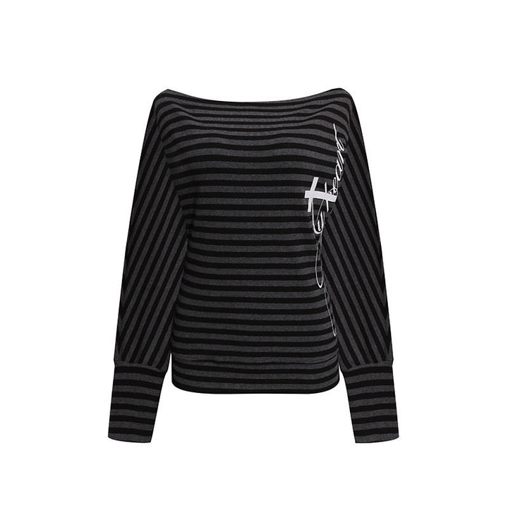 Women's Figure-hugging Striped Long Sleeve Shirt with Wide Boat Neck and Cropped Batwing Sleeves Mune Fashion