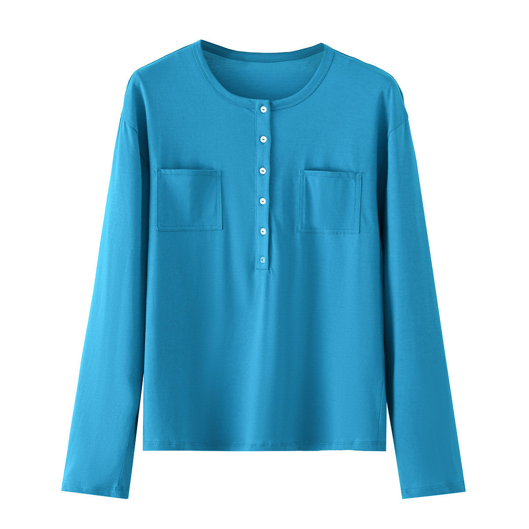 Women's Long Sleeve Henley Shirt with Button Placket and Attached Chest Pockets Drune
