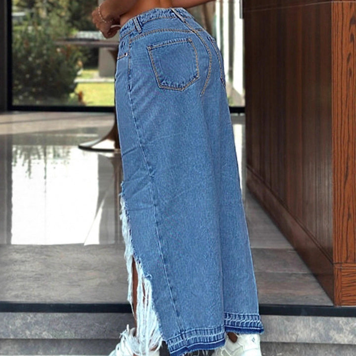 Women's High-Cut Denim Midi Skirt with Deep Front Slit, Destroyed Detail and Raw Fringe Hem Mune Fashion