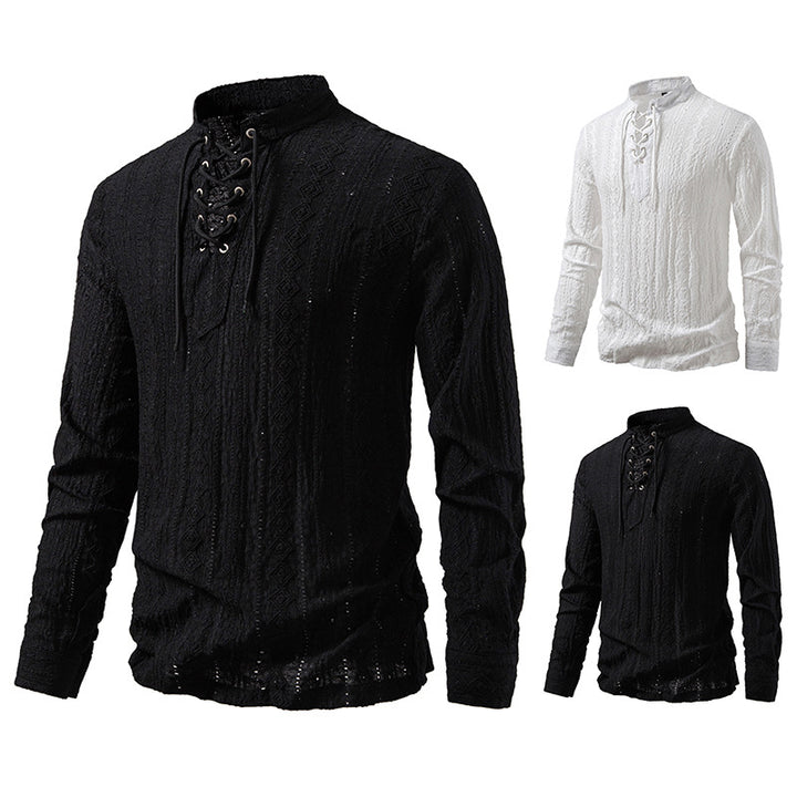 Men's Fine Structure Henley Long Sleeve Shirt with Lacing and Stand-up Collar Mune Fashion